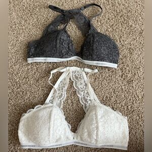 Gilly Hicks Charcoal and Ivory Lace Halter-Neck Bralette Set